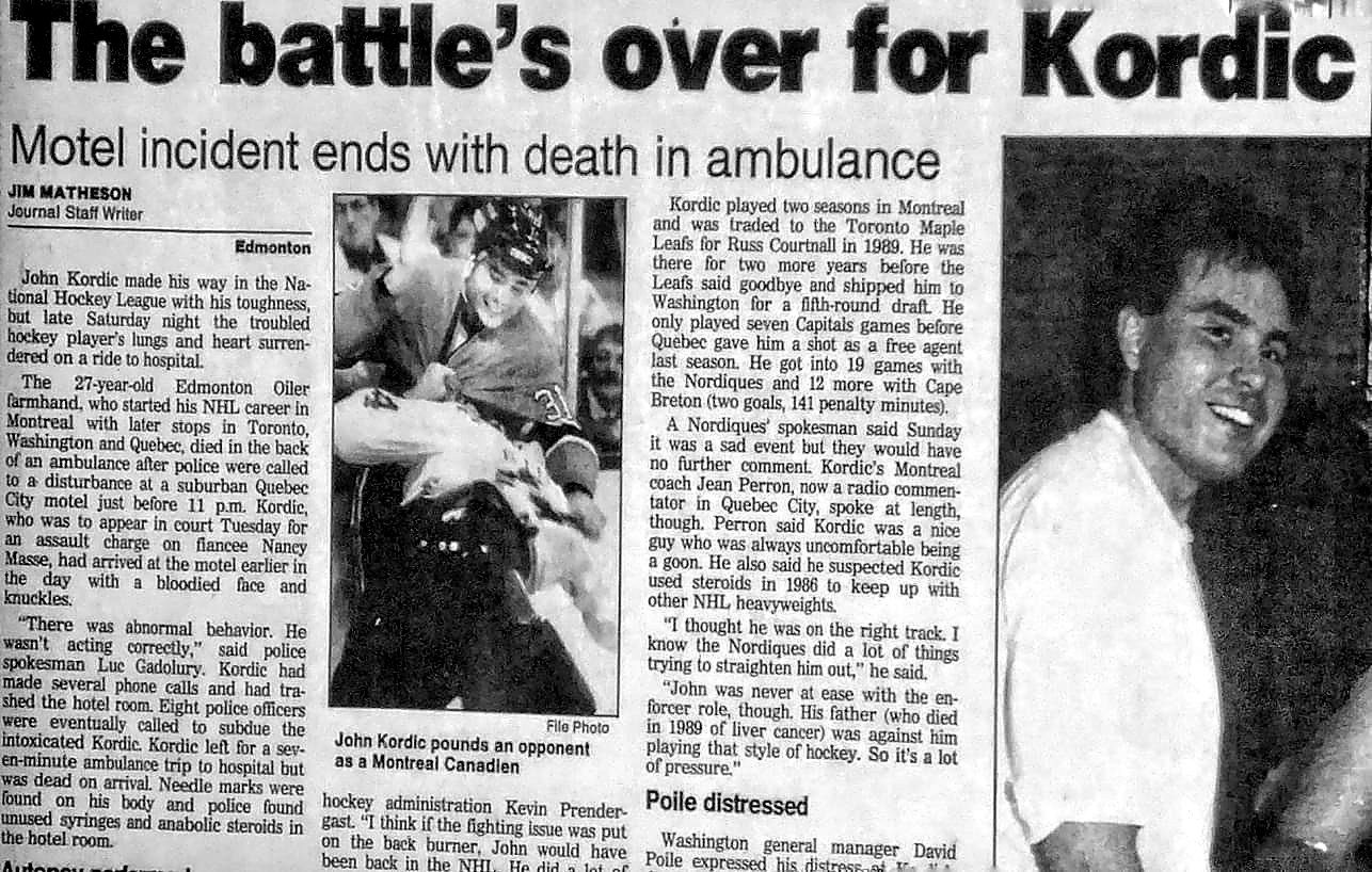 Edmonton Journal report of John Kordic's death, 1992