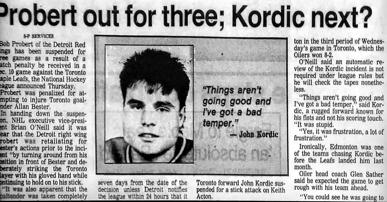 John Kordic newspaper interview, 1989