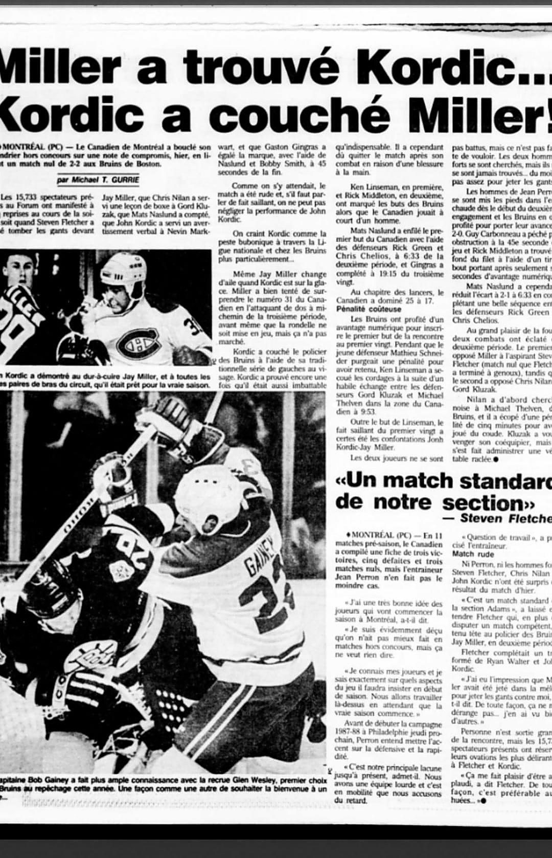 La Presse coverage of John Kordic in Montreal, 1987