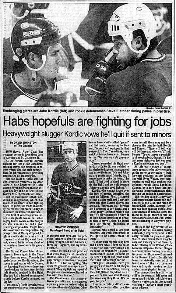 Newspaper clipping about John Kordic fighting for a roster spot